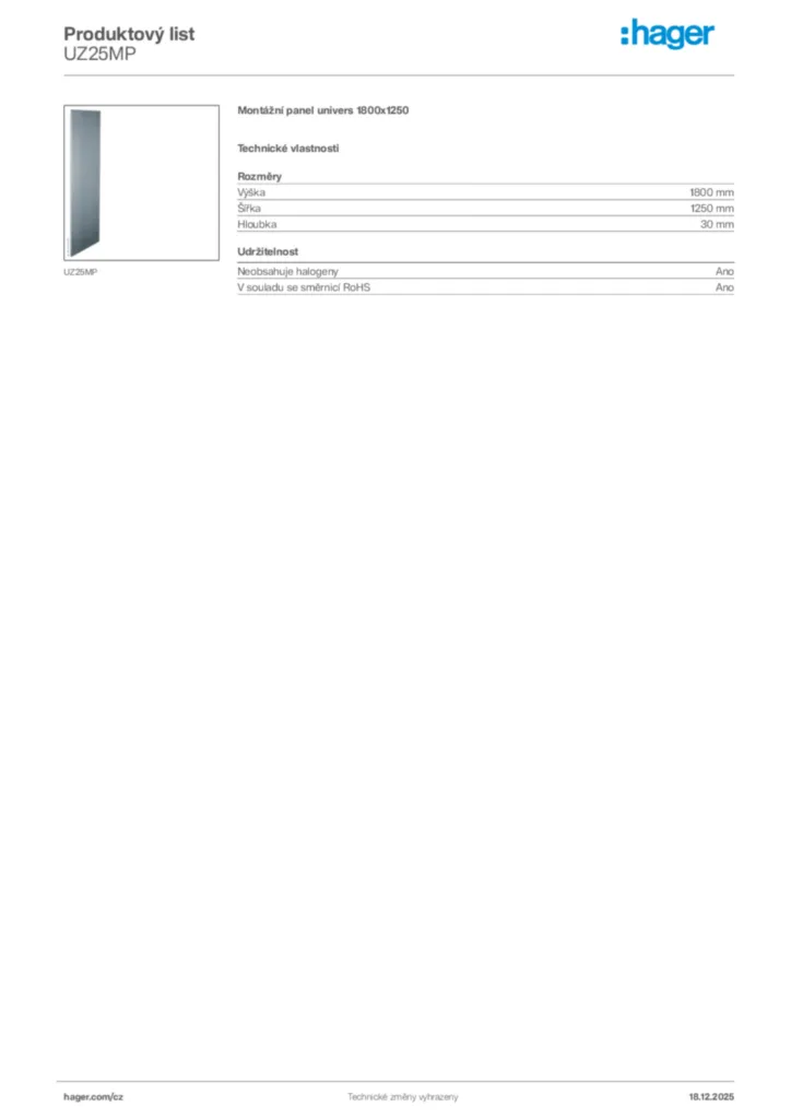 Obrázek Hager Produktový list UZ25MP | Hager