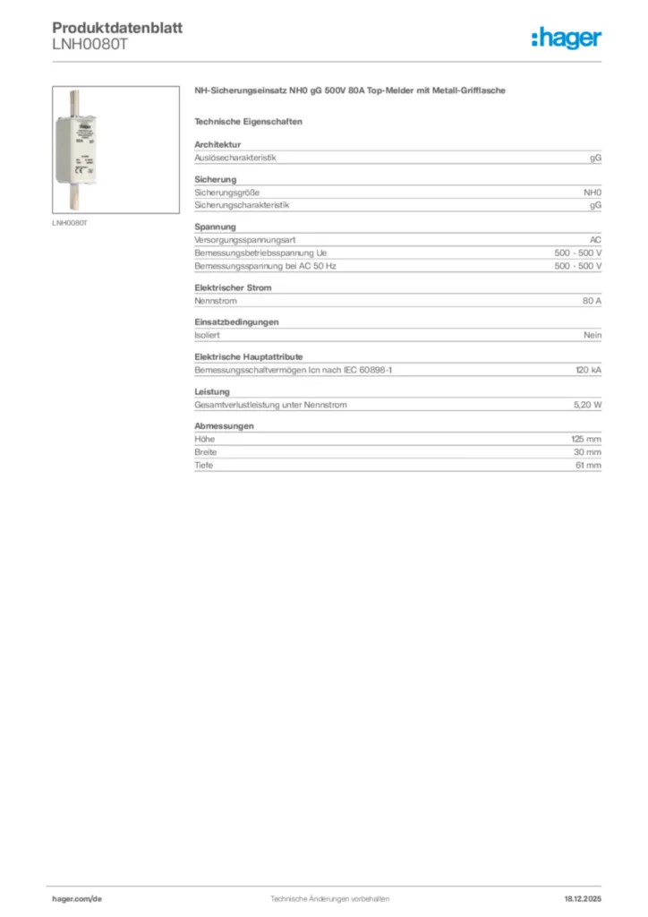 Bild Hager Produktdatenblatt LNH0080T | Hager Deutschland