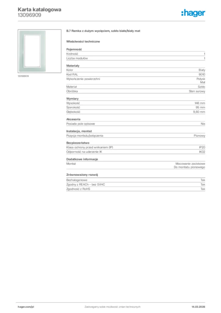 Zdjęcie Hager Karta katalogowa 13096909 | Hager Polska