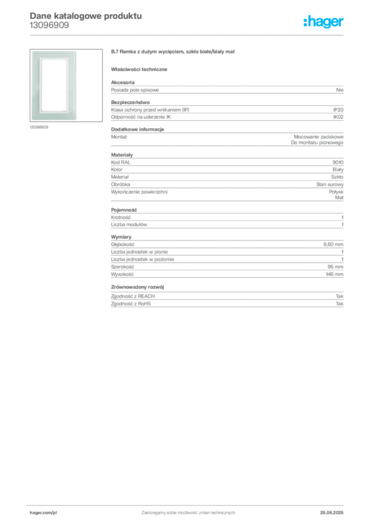 Zdjęcie Hager Karta katalogowa 13096909 | Hager Polska