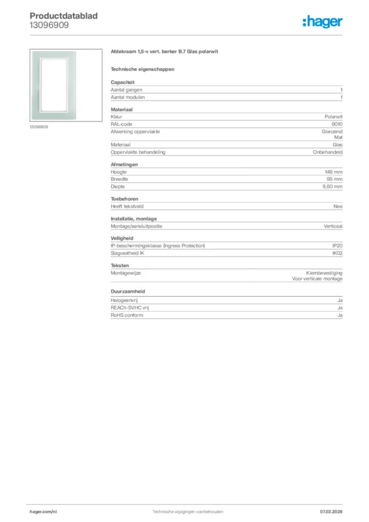 Afbeelding Hager Productdatablad 13096909 | Hager Nederland