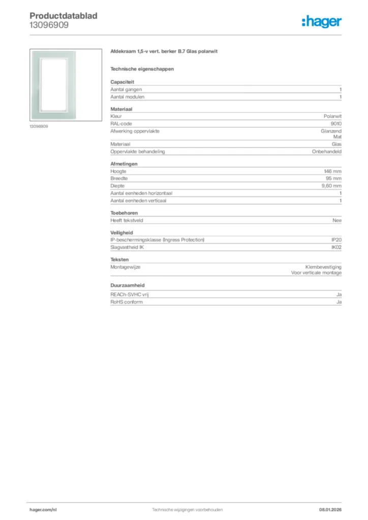 Afbeelding Hager Productdatablad 13096909 | Hager Nederland