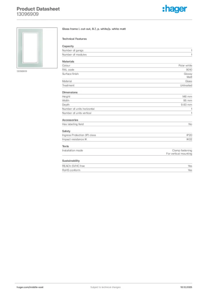 Image Hager Product data sheet 13096909  | Hager