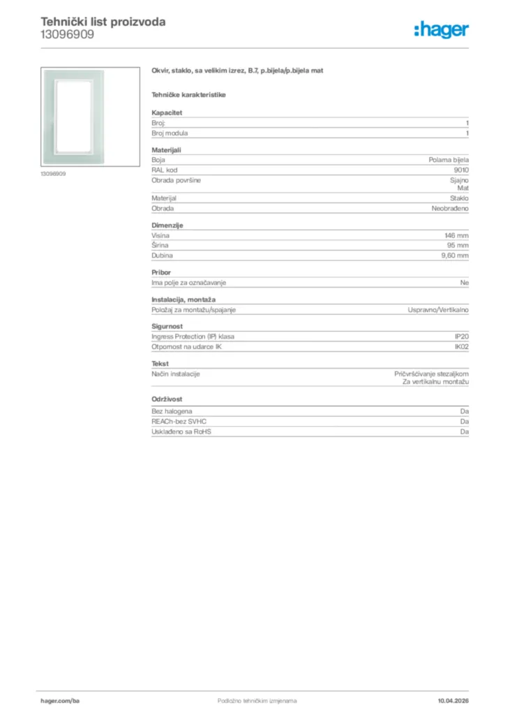 Slika Hager Tehnički list proizvoda 13096909  | Hager