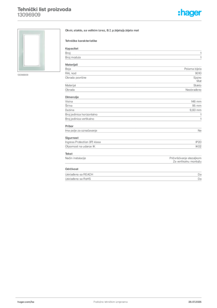 Slika Hager Product data sheet 13096909  | Hager
