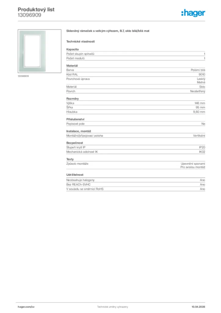 Obrázek Hager Product data sheet 13096909 | Hager