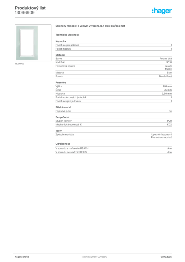 Obrázek Hager Produktový list 13096909 | Hager