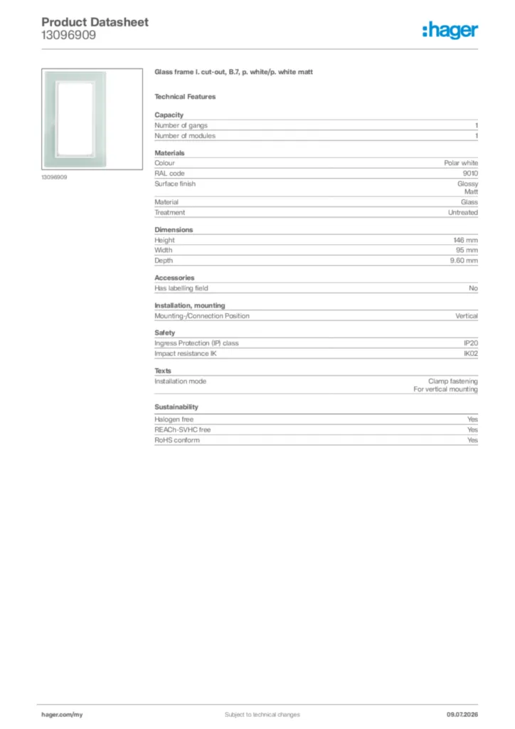 Image Hager Product data sheet 13096909  | Hager