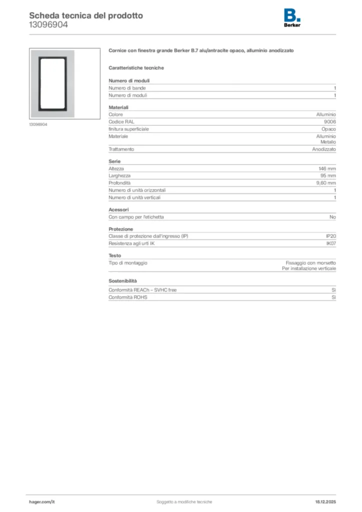 Immagine Berker Scheda tecnica del prodotto 13096904 | Hager Italia