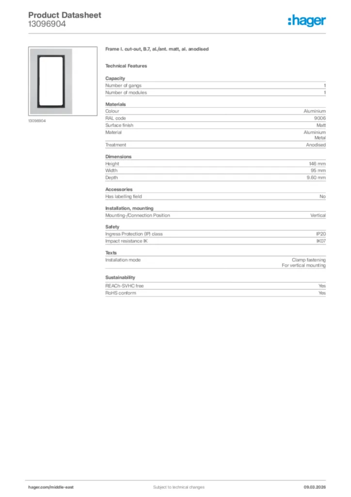Image Hager Product data sheet 13096904  | Hager