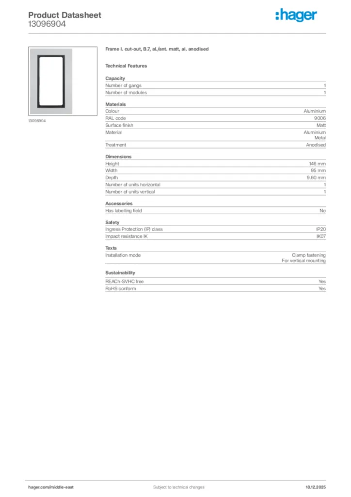 Image Hager Product data sheet 13096904  | Hager