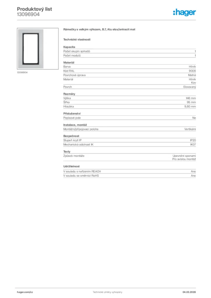 Obrázek Hager Product data sheet 13096904 | Hager