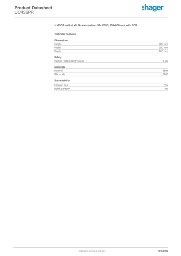 Image Hager Product data sheet UC436PR  | Hager Africa