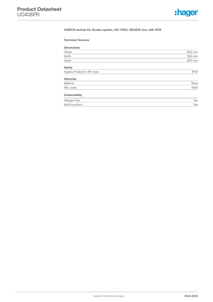 Image Hager Product data sheet UC436PR  | Hager Africa