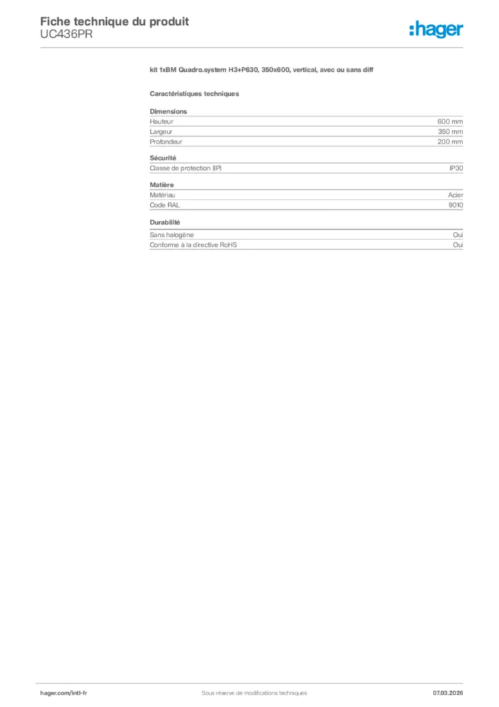 Image Hager Fiche technique du produit UC436PR | Hager Afrique
