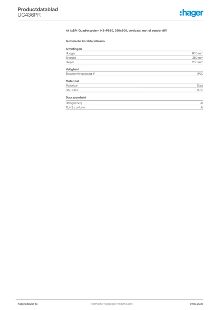 Afbeelding Hager Productdatablad UC436PR | Hager Belgium