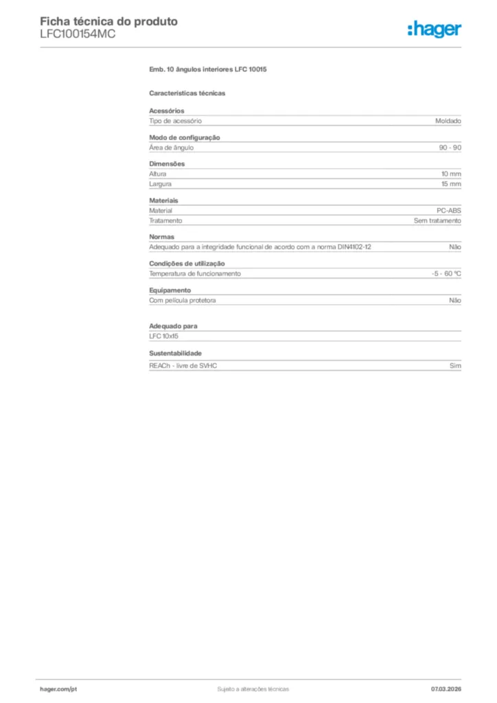 Imagem Hager Ficha técnica do produto LFC100154MC | Hager Portugal