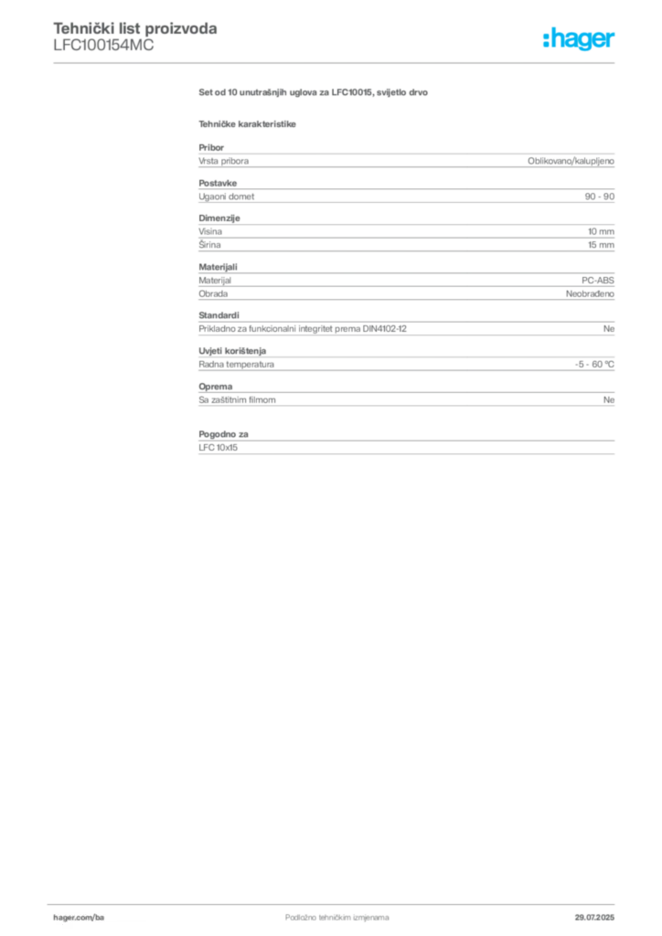 Slika Hager Product data sheet LFC100154MC  | Hager