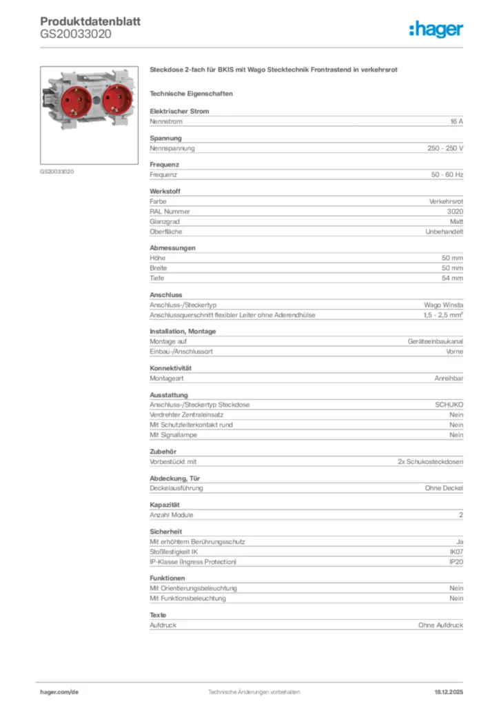 Bild Hager Produktdatenblatt GS20033020 | Hager Deutschland