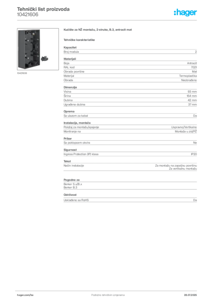 Slika Hager Product data sheet 10421606  | Hager