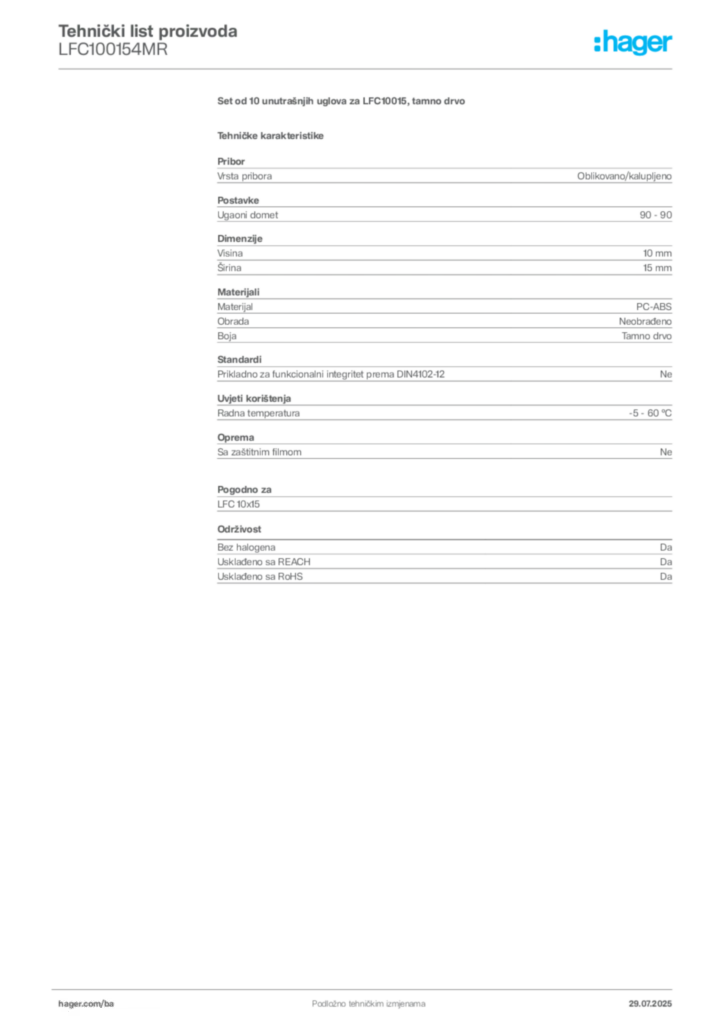 Slika Hager Product data sheet LFC100154MR  | Hager