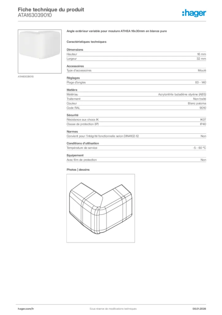 Image Hager Fiche technique du produit ATA163039010 | Hager France