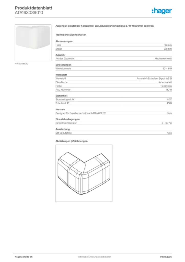 Bild Hager Produktdatenblatt ATA163039010 | Hager Schweiz