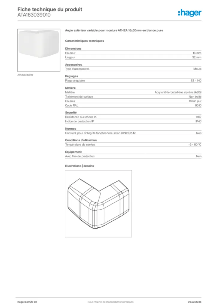 Image Hager Fiche technique du produit ATA163039010 | Hager Suisse