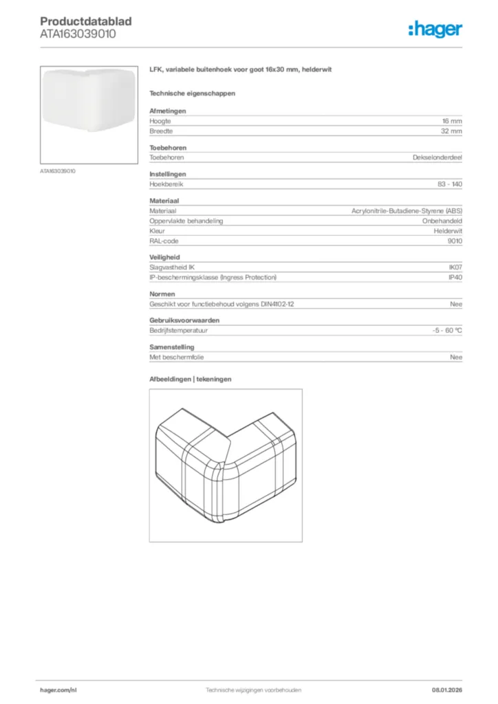 Afbeelding Hager Productdatablad ATA163039010 | Hager Nederland