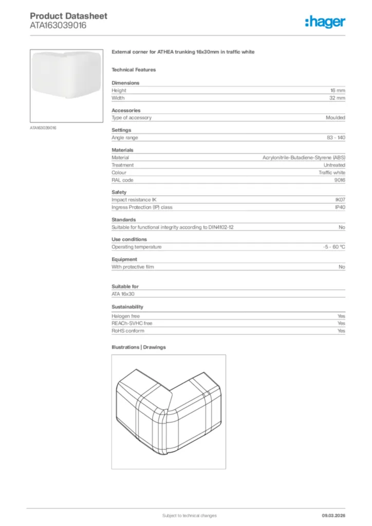 Image Hager Product data sheet ATA163039016  | Hager Africa