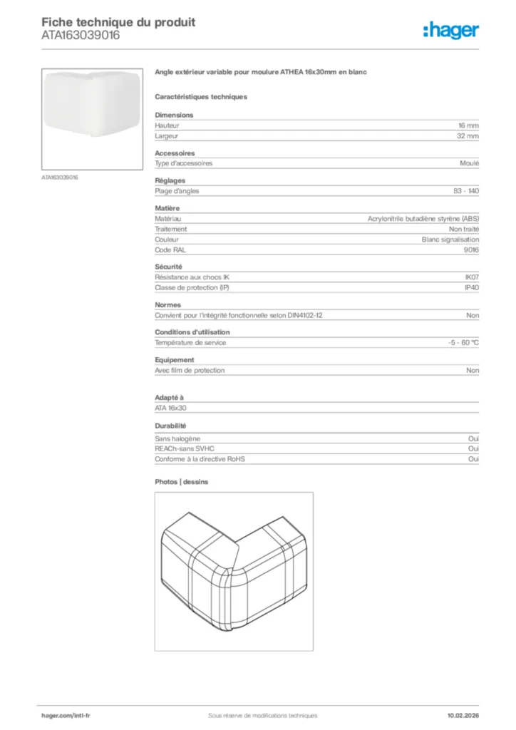 Image Hager Fiche technique du produit ATA163039016 | Hager Afrique