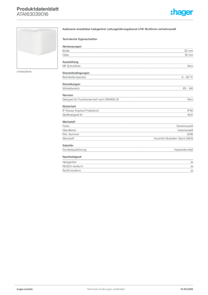 Bild Hager Produktdatenblatt ATA163039016 | Hager Deutschland