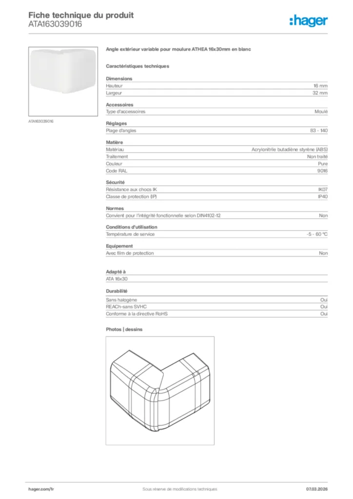 Image Hager Fiche technique du produit ATA163039016 | Hager France