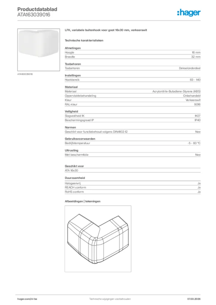 Afbeelding Hager Productdatablad ATA163039016 | Hager Belgium