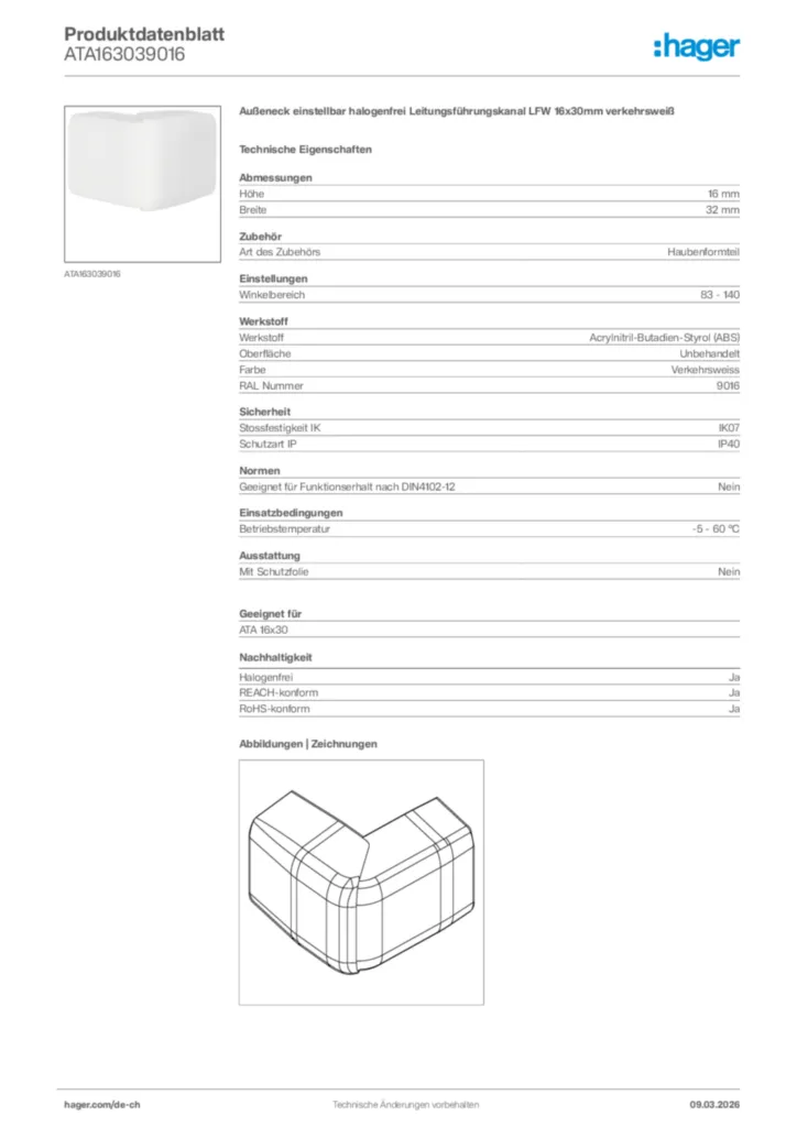 Bild Hager Produktdatenblatt ATA163039016 | Hager Schweiz