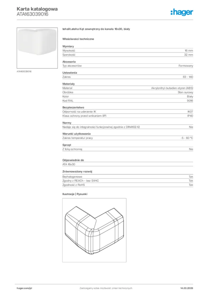 Zdjęcie Hager Karta katalogowa ATA163039016 | Hager Polska