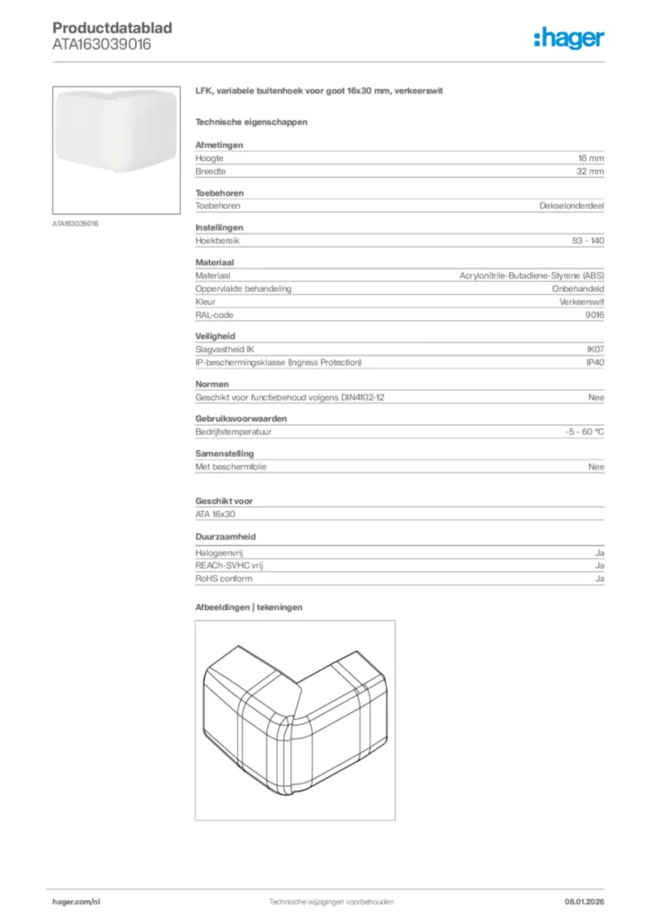 Afbeelding Hager Productdatablad ATA163039016 | Hager Nederland