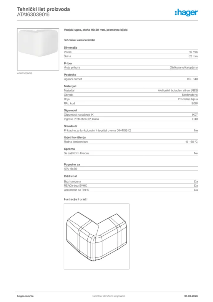 Slika Hager Tehnički list proizvoda ATA163039016  | Hager
