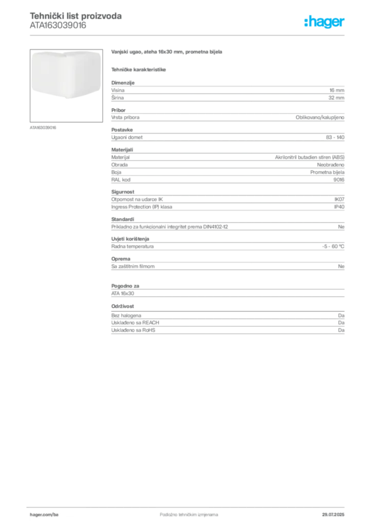Slika Hager Product data sheet ATA163039016  | Hager