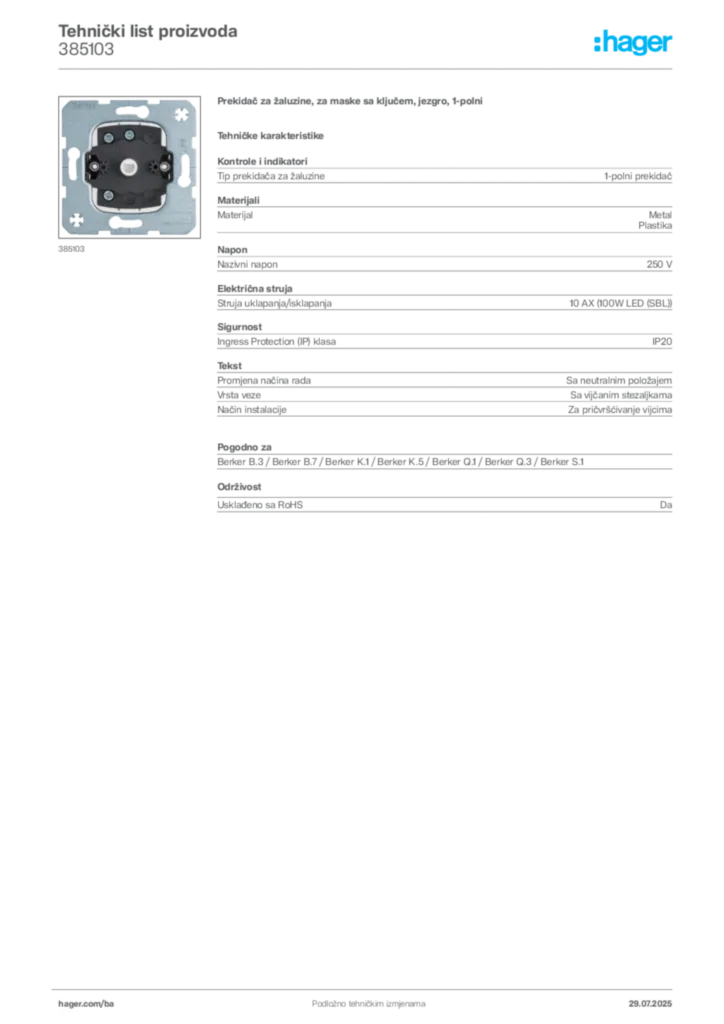 Slika Hager Product data sheet 385103  | Hager