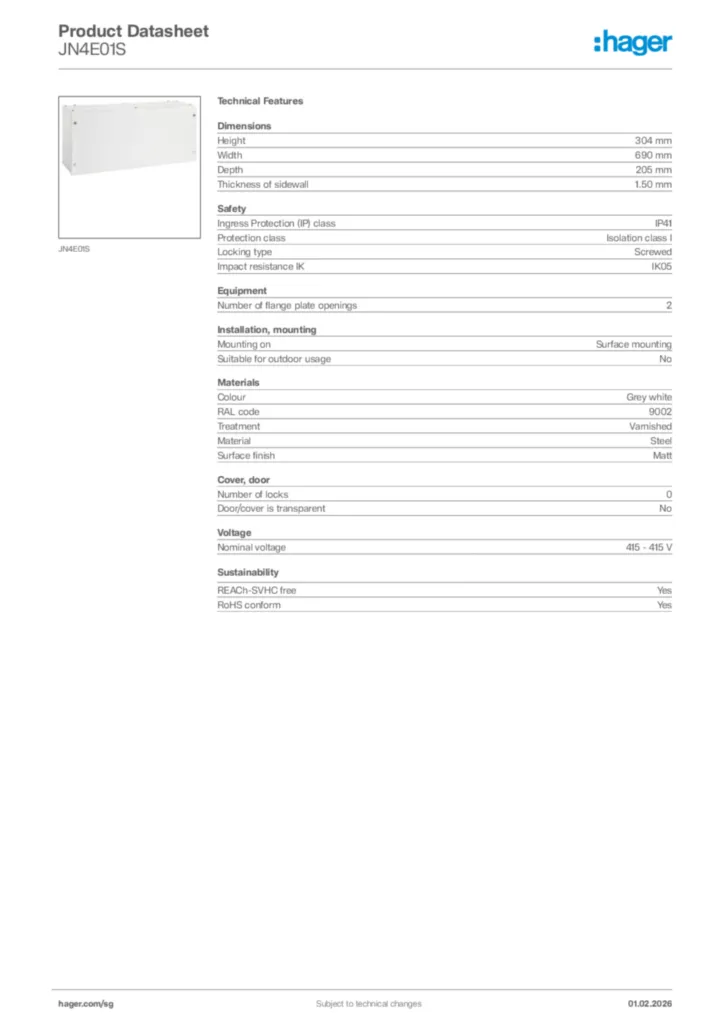 Image Hager Product data sheet JN4E01S  | Hager