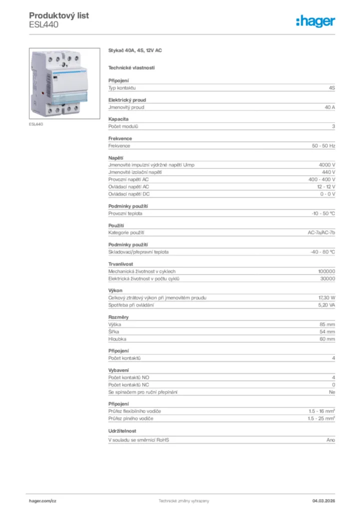 Obrázek Hager Product data sheet ESL440 | Hager