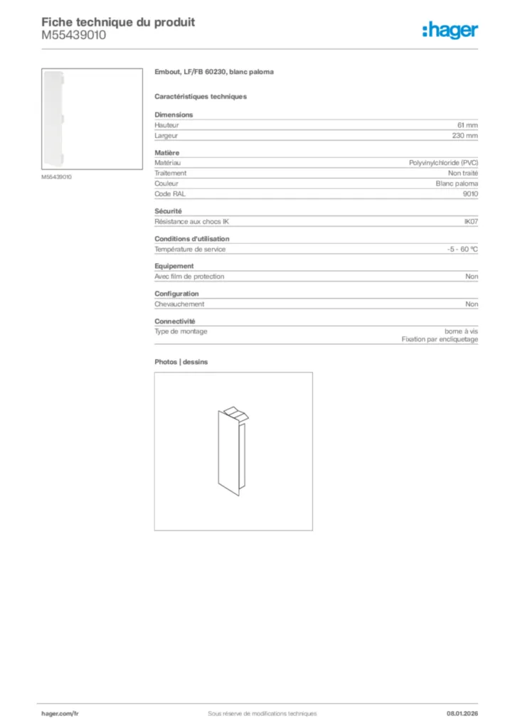 Image Hager Fiche technique du produit M55439010 | Hager France
