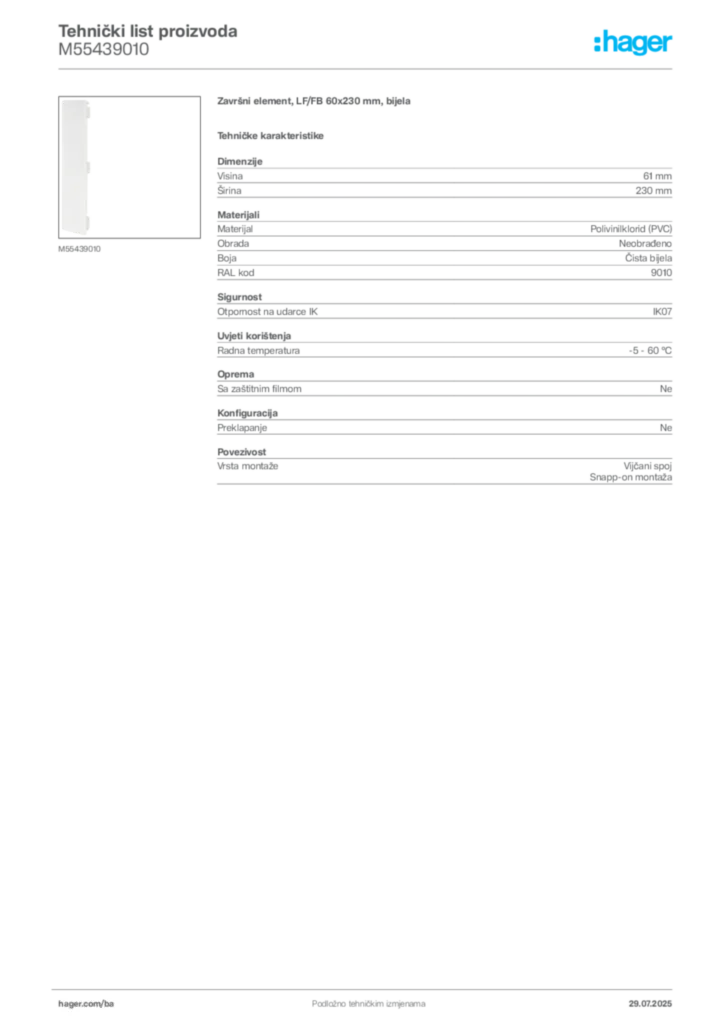Slika Hager Product data sheet M55439010  | Hager