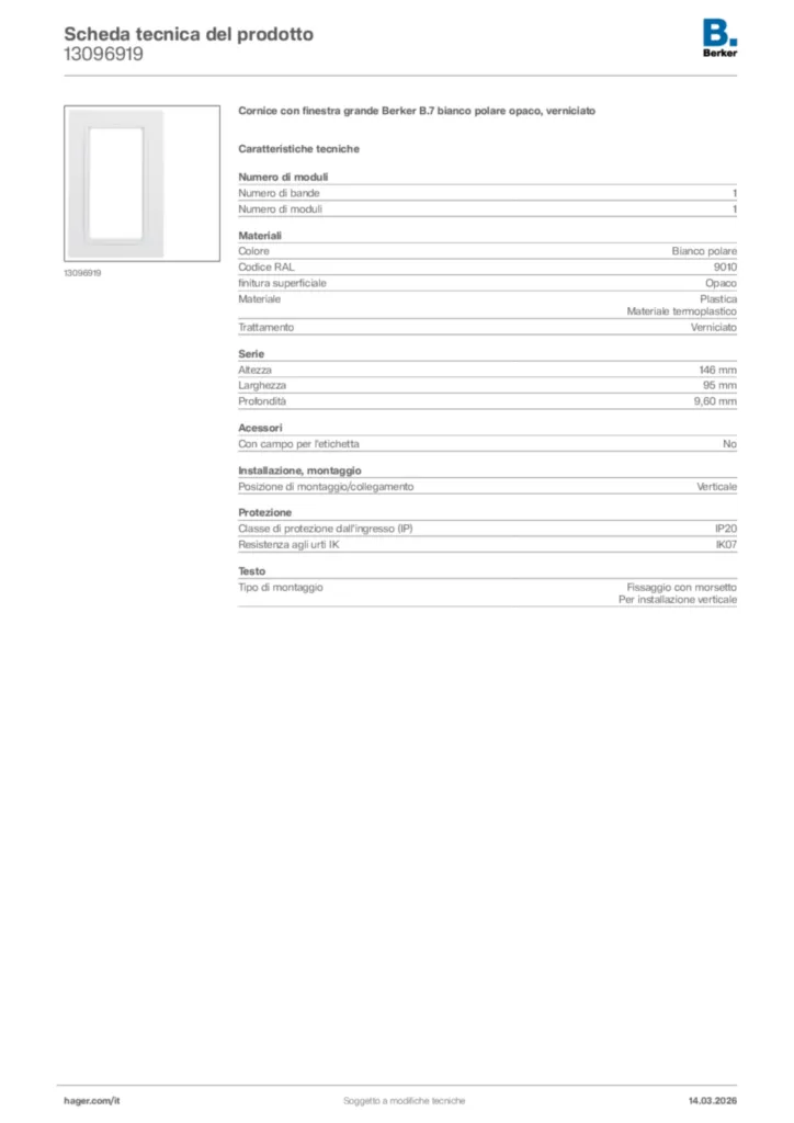 Immagine Berker Scheda tecnica del prodotto 13096919 | Hager Italia