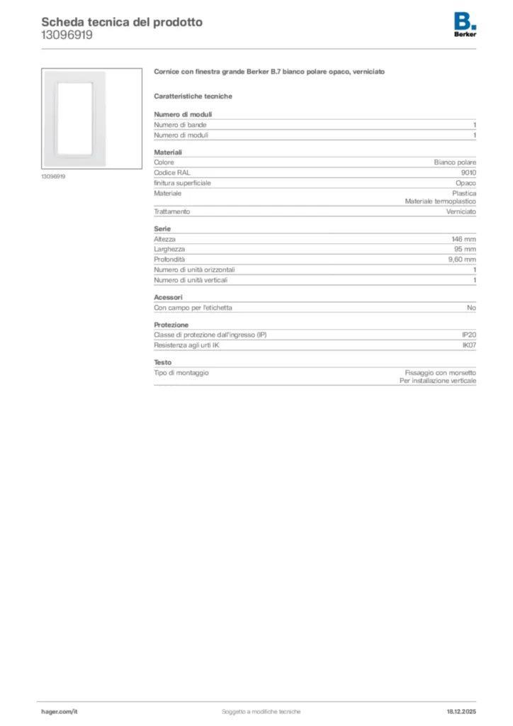 Immagine Berker Scheda tecnica del prodotto 13096919 | Hager Italia
