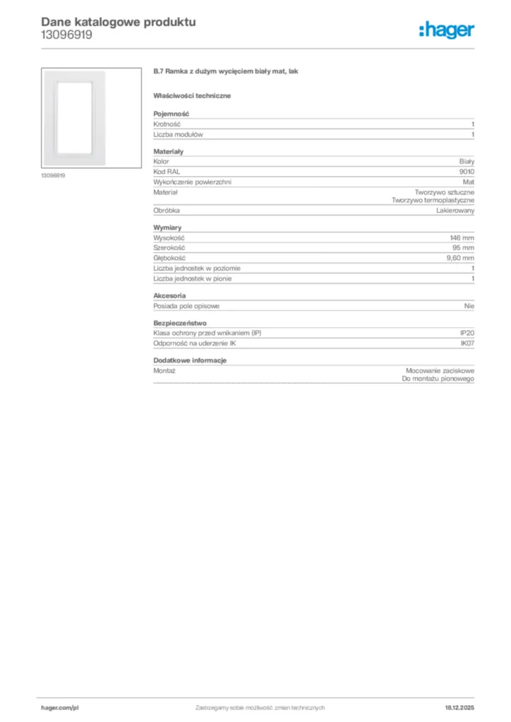 Zdjęcie Hager Karta katalogowa 13096919 | Hager Polska