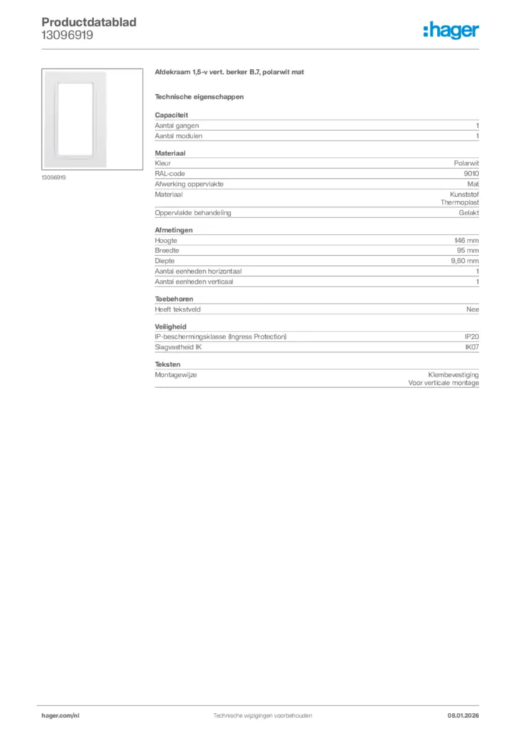 Afbeelding Hager Productdatablad 13096919 | Hager Nederland