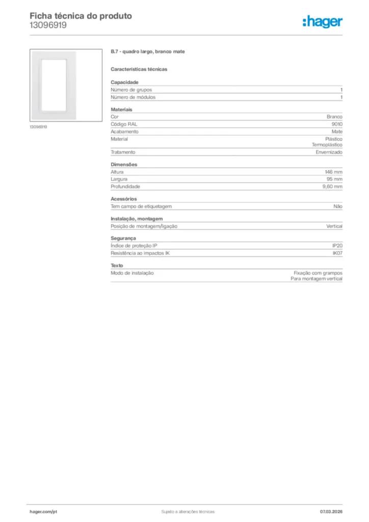 Imagem Hager Ficha técnica do produto 13096919 | Hager Portugal