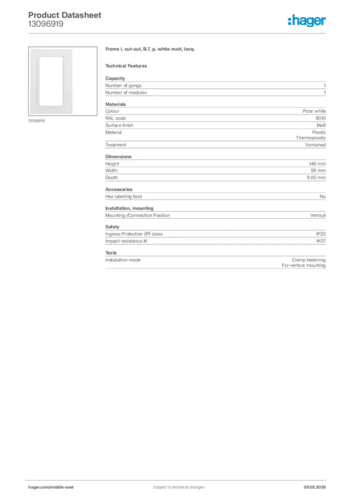 Image Hager Product data sheet 13096919  | Hager